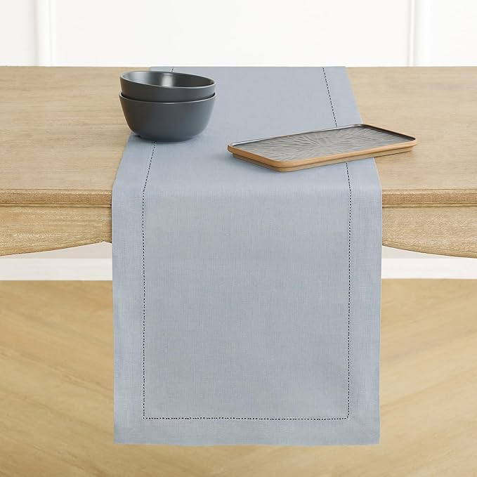 Solino Home Linen Table Runner 120 Inches Long - 100% Pure Linen Dusty Blue Table Runner 14 x 120 Inch - Classic Hemstitch