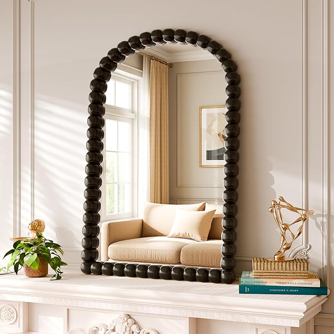 24"×36" Bronze Arched Bathroom Vanity Mirror, Vintage Beaded Decorative Wall Mounted Makeup Mirror, as Wall Decor Hanging Leaning for Fireplace Mantle, Living Room, Bedroom, Vanity Area
