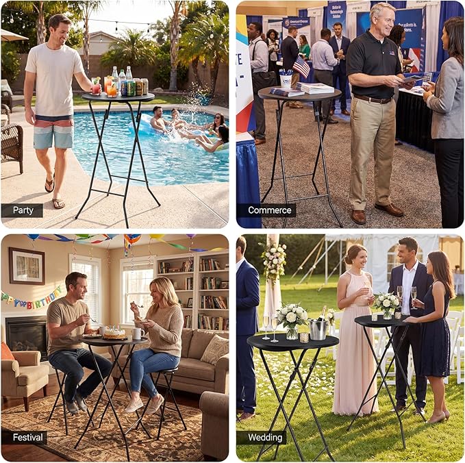 Byliable 24in Round Cocktail Table, Bar Height High Top Foldable Bistro Table with Removable Legs, Portable Plastic Indoor Outdoor for Patio, Party, Backyard, Events, Black