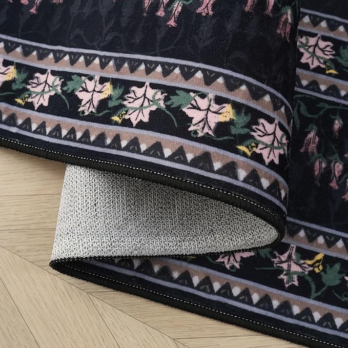 Rugcomf 5x7 Area Rugs Impressionist-Style Vintage Washable Area Rug Non Slip Low Pile Large Rugs for Living Room Bedroom Farmhouse Dining Room Kids Playroom, Black