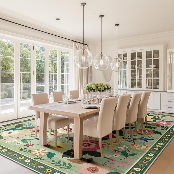 Floral 9x12 Area Rug Machine Washable Soft Print Boho Carpet Non Slip Doormat Low Pile Flower Area Rugs for Living Room Bedroom Nursery Kitchen Dining Room Indoor-Light Green