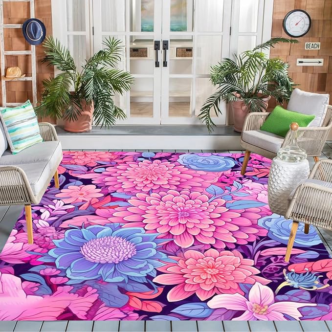 Vibrant Floral Outdoor Rug Modern Flower Texture Rugs for Patio Deck Porch Balcony Waterproof Non Slip Camping Garden Large Outside Carpet Easy Clean Machine Washable Pool Mat Pink Purple 4x6