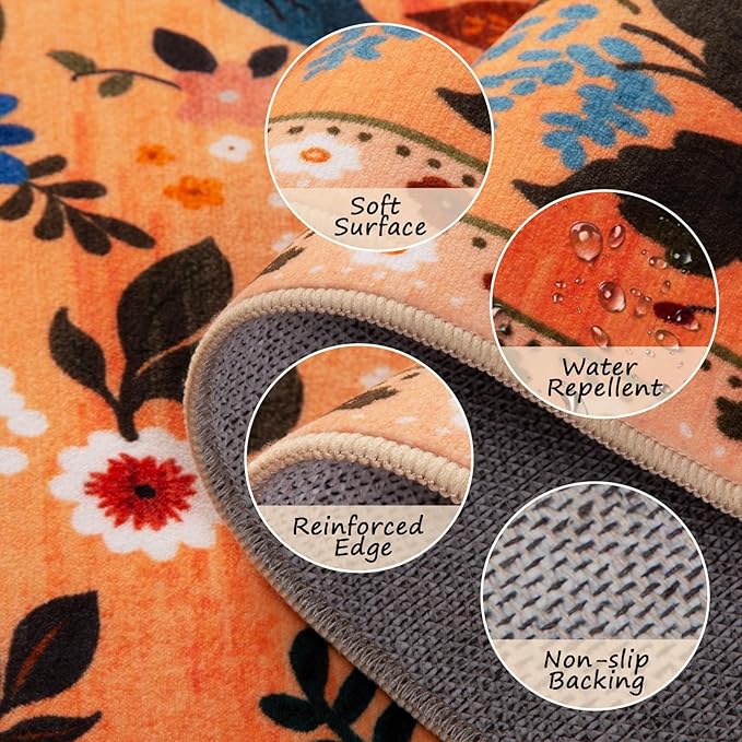 Floral 2x3 Area Rug Machine Washable Soft Print Boho Carpet Non Slip Doormat Low Pile Flower Area Rugs for Living Room Bedroom Nursery Kitchen Dining Room Indoor-Yellow/Orange