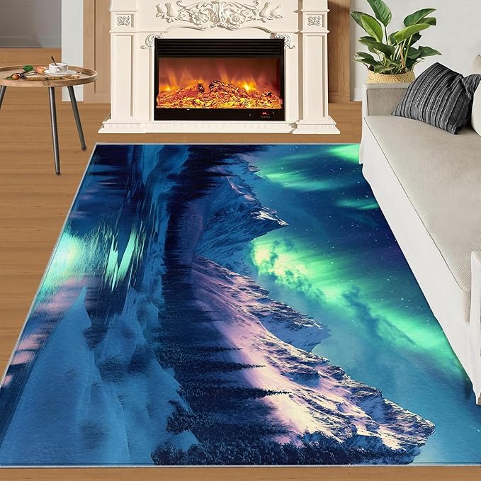 5x7 Snowy Mountains Rugs for Bedroom - Aurora Borealis Print Rug, Polar Landscape Rug Non Slip Soft Rugs for Living Room Hardwood Floors Teen Room