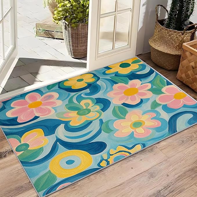 5x7 Rug Washable - Floral Rugs for Living Room, Modern Artistic Flower Non Slip Low Pile Area Rugs for Bedroom, Floral Carpet Home Decor & Gifts