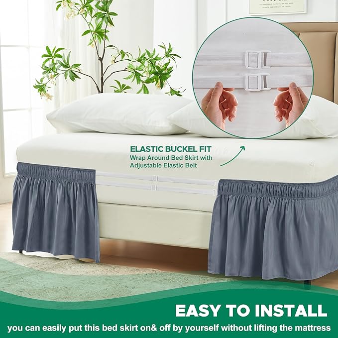 Biscaynebay Wrap Around Bed Skirts for Queen Beds 14" Drop, Dark Grey Adjustable Elastic Dust Ruffles Easy Fit Wrinkle & Fade Resistant Silky Luxurious Fabric Solid Machine Washable