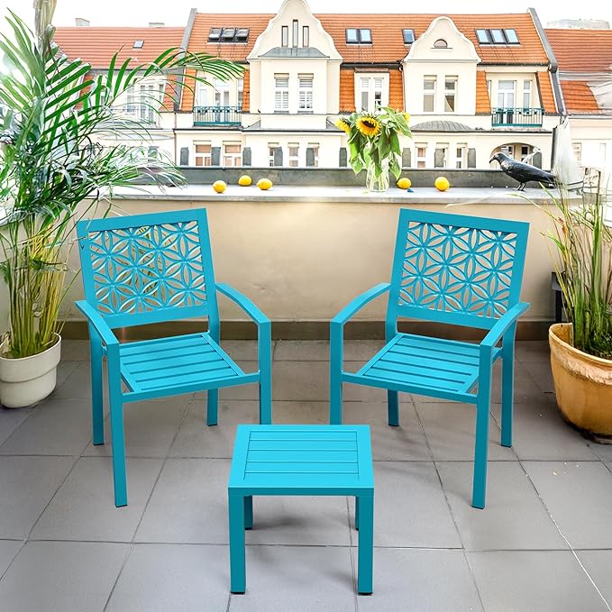 VINGLI 3-Piece Outdoor Bistro Set, Stackable Modern Metal Steel Table and Chairs