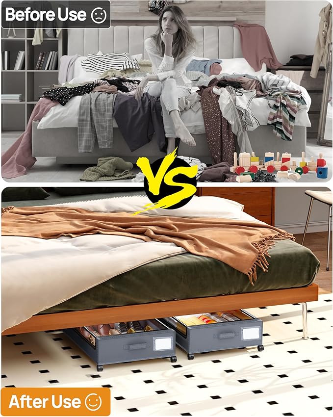 Under Bed Storage With Wheels, 2 Pack Square Containers, 60L Bins, Rolling Metal Drawer for Clothes, Blankets, Shoes