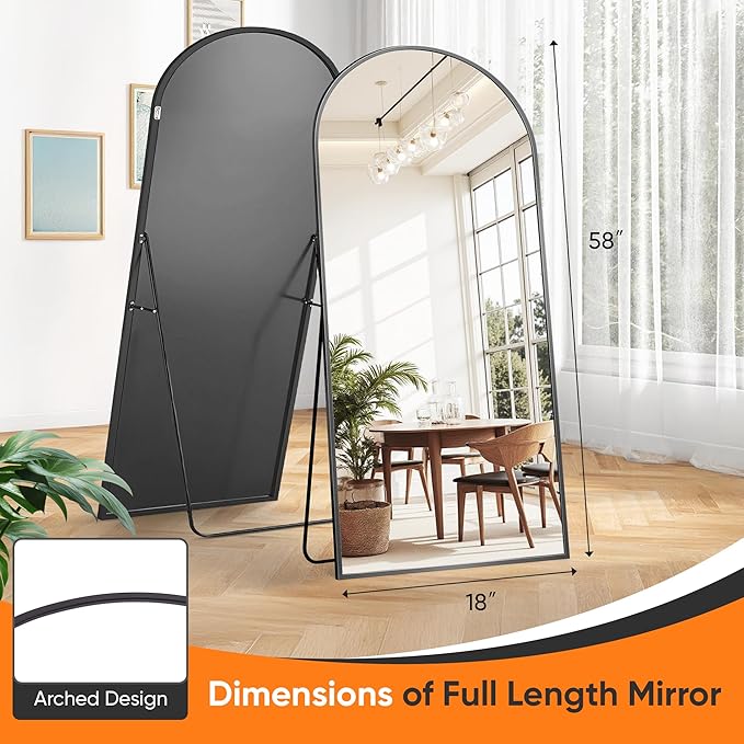 Suidia Full Length Mirror, 58"x18" Floor Standing Mirror Freestanding, Full Body Mirrors with Stand for Bedroom, Hanging Mounted for Living Room Cloakroom, Black, Arched Style