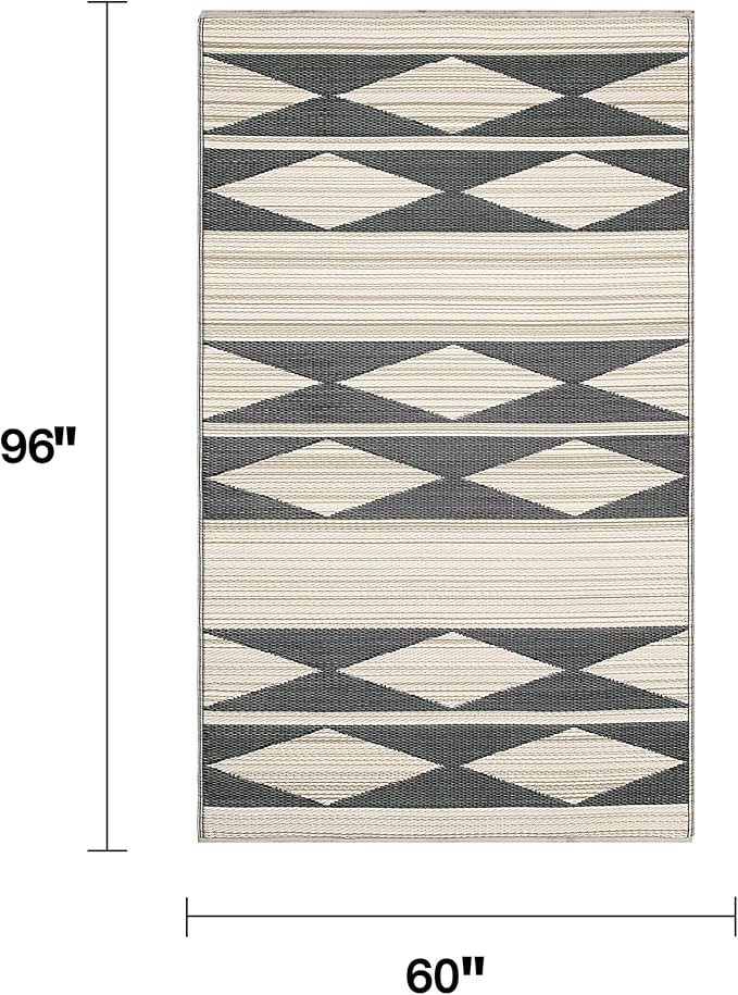 Fab Habitat Outdoor Rug - Waterproof, Fade Resistant, Crease-Free - Premium Recycled Plastic - Neutral Geometric Tribal - Patio, Porch, Deck, Balcony - Cairo - Natural & Black - 5 x 8 ft