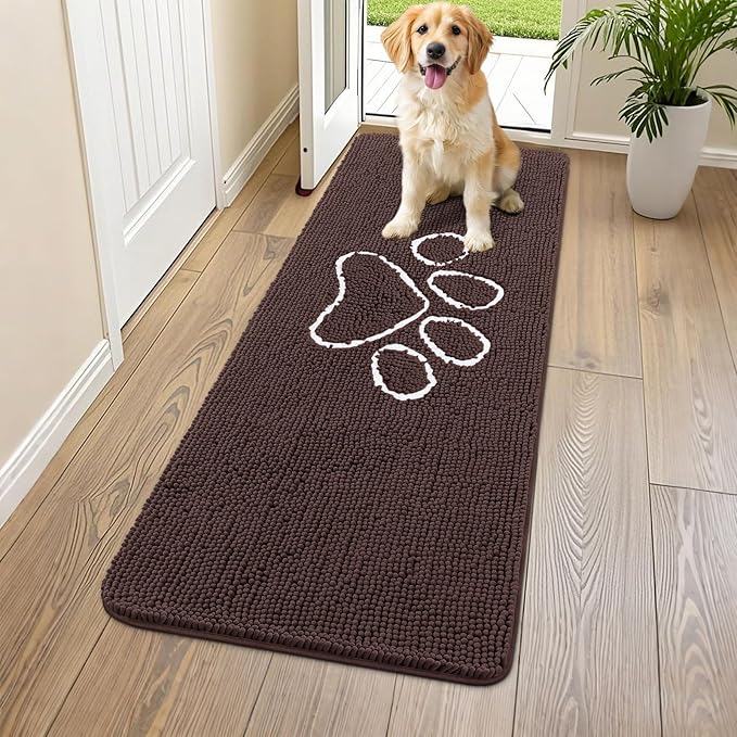 Smiry Dog Door Mat for Muddy Paws, Absorbent Dirt Trapper Non Slip Quick Dry Washable Chenille Mat for Mud Dogs, Entry Rug for Indoor and Outdoor (59x24 Inches, Brown and White)
