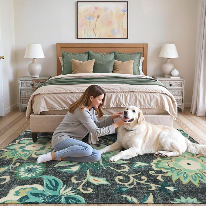 Lahome Floral Area Rug for Living Room - 4 x 6 Rug Washable Non-Slip Soft Rugs for Bedroom Throw Lightweight Boho Dining Room Rug, Blue Paisley Print Indoor Floor Carpet for Office Kitchen Entryway