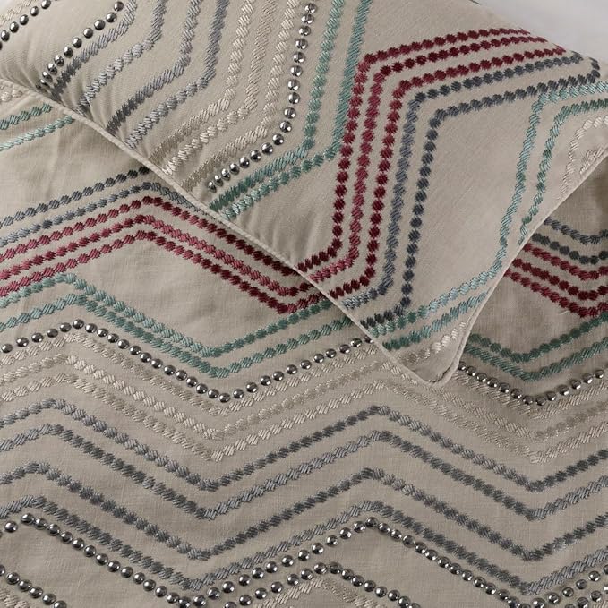 The HomeCentric King Queen Twin Beige Linen Bed Runner Without Pillow Cover, King Size 90"x18" Bed Runner Without Pillow Cover, Linen with Embroidery, Chevron Modern Pattern - Dotty Chevron