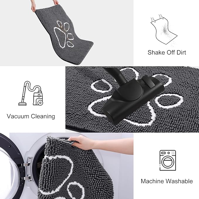 Smiry Dog Door Mat for Muddy Paws, Absorbent Dirt Trapper Non Slip Quick Dry Washable Chenille Mat for Mud Dogs, Entry Rug for Indoor and Outdoor (24x16 Inches, Dark Grey and White)