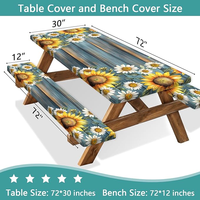 Picnic Table Cover with Bench Covers Camping Essentials Waterproof Windproof Camping Tablecloth with Drawstring Bag, Fitted Rectangle Tables and Seats, 96in, Teal Wooden Sunflower