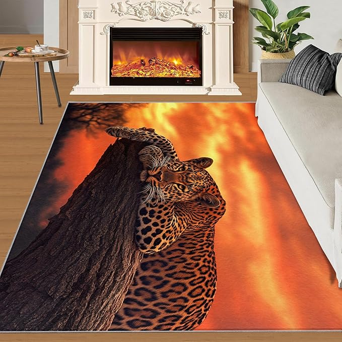 5x6 Sunrise Leopard Rugs for Office - Sunset African Savanna Living Room Carpet, Wild Animal Bedroom Area Rug Kids Low Pile Rug for Indoor Outdoor Hardwood Floors Home Decor