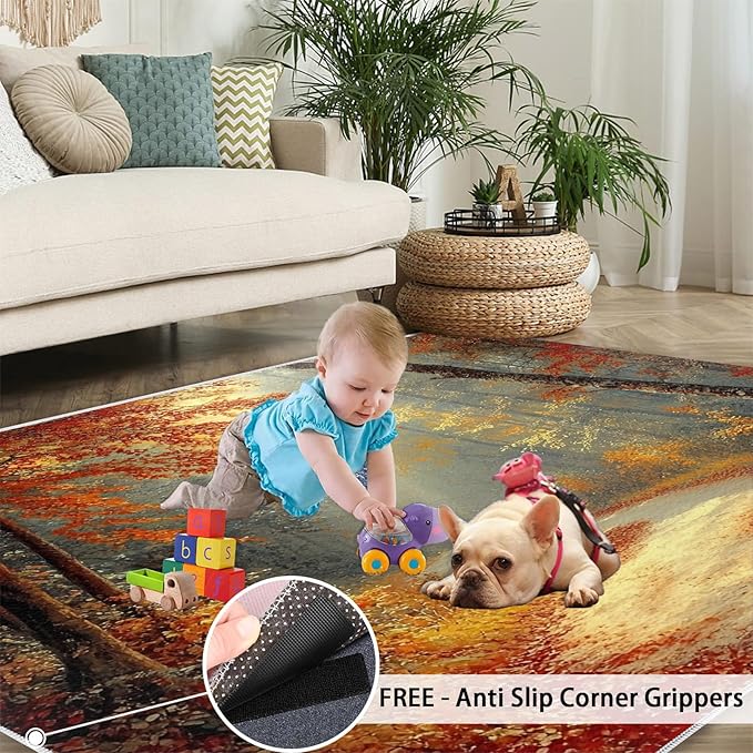 6x8 Autumn Forest Classroom Rugs - Natural Landscape Playroom Rug, Forest Path Carpet Area Rug for Girls Bedroom Kids Room Basement Office Classroom