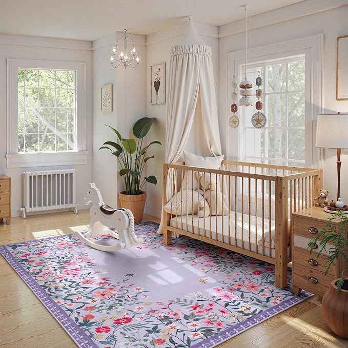 Wonnitar Washable Rug, 5x7 Purple Rugs for Living Room, Floral Print Non-Slip Pink Area Rugs for Bedroom Girls, Soft Large Throw Carpet for Kids Nursery Room (Purple,5'x7')