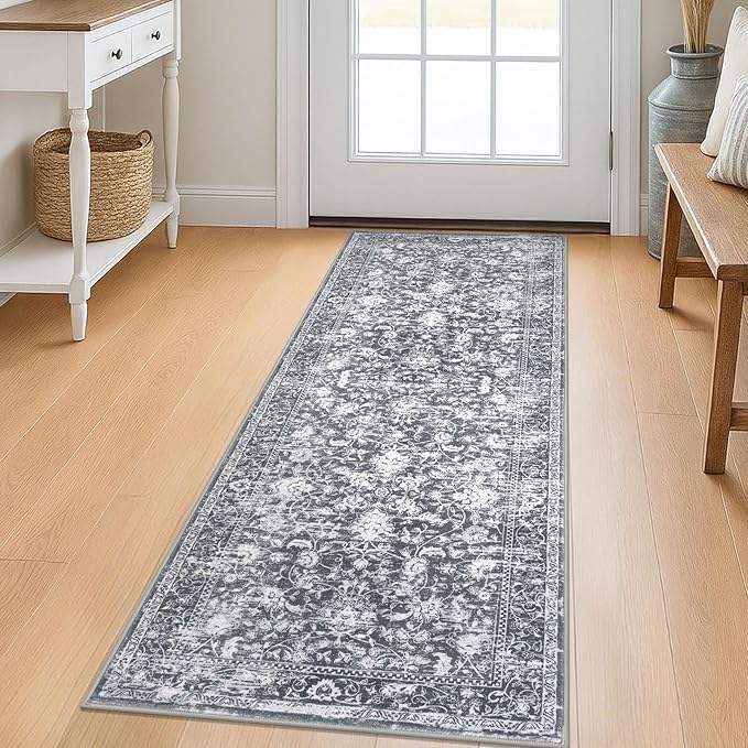 KILOCOCO Hallway Runner 2x5 Kitchen Runner Rug Printed Vintage Floral Washable Non-Slip Runners for Hallways Laundry Room Rugs Distressed Boho Rug Runners for Bedroom, Grey
