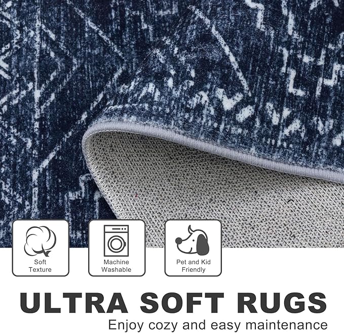 KILOCOCO Hallway Runner Rug 2x8 Runners for Hallways Washable Runner Rug Non Slip Rubber Backed Low-Pile Runners for Bedroom Kitchen Living Room Laundry Room Boho Rugs, Dark Blue