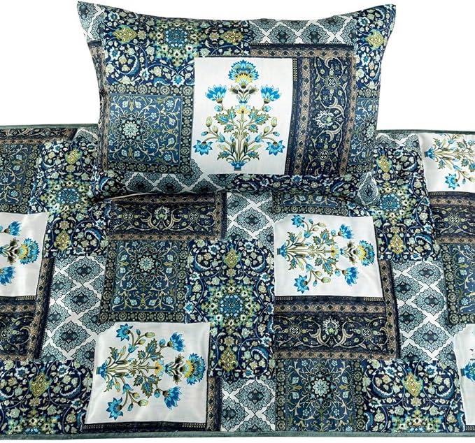 The HomeCentric King/Queen/Twin Blue Designer Full 68"x18" Bed Runner with 2 Pillow Cover, Perrsian Pattern & Quilted Bed Scarf on Satin Fabric - Bahar