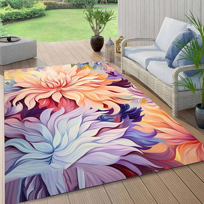 Waterproof Floral 10x12 Outdoor Rug Modern Vibrant Rugs for Balcony Patio Porch Garden Camping Pool Machine Washable Non Shed Outside Carpet Unique Easy Clean Flower Mat Lavender Peach