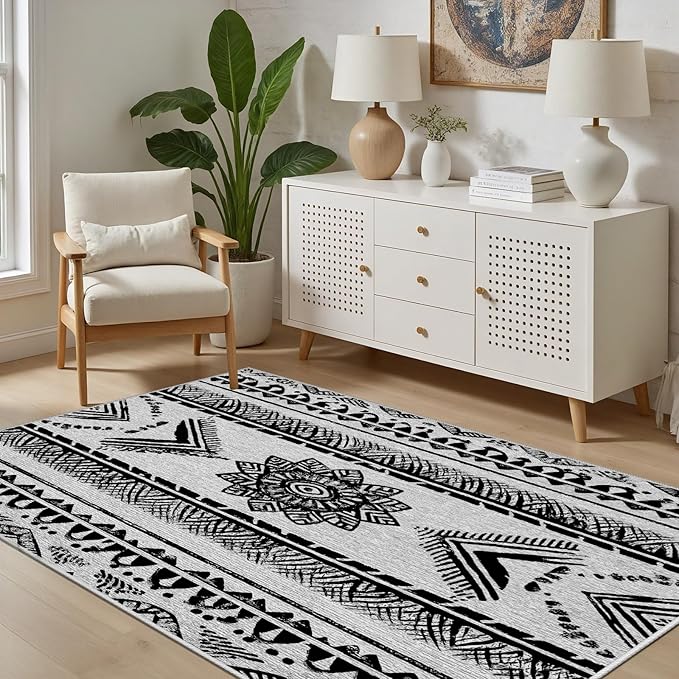Area Rugs Moroccan for Living Room 4x5, Washable Non-Slip Boho Rug, Neutral Farmhouse Soft Carpet for Bedroom, Kitchen, Dining Room, Entryway, Geometric Print Tribal Carpets, Black and White