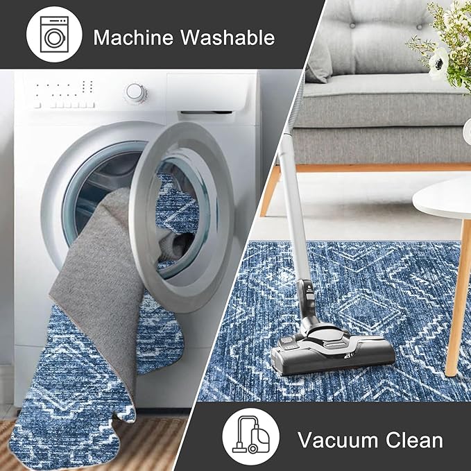 KILOCOCO Area Rug 4'x6' Entryway Rug Washable Bedroom Rugs Non Slip Printed Boho Low-Pile Rubber Backed Blue Soft Rugs for Kitchen Living Room Dining Geometric Moroccan Carpet, Stonewashed Blue
