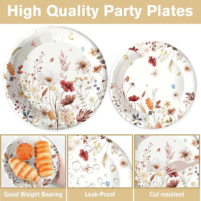 152Pcs Spring Wildflower Party Decorations include Plates, Cups, Napkins, Banner, Tablecloth for Floral Baby Shower Birthday Wedding Decorations, Serves 24