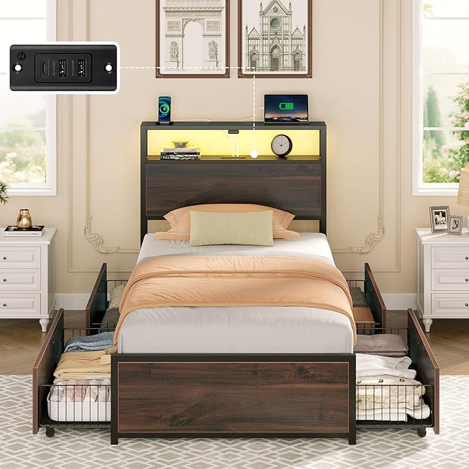 Rolanstar Twin Bed Frame with 4 Storage Drawers & 2-Tier Storage Headboard