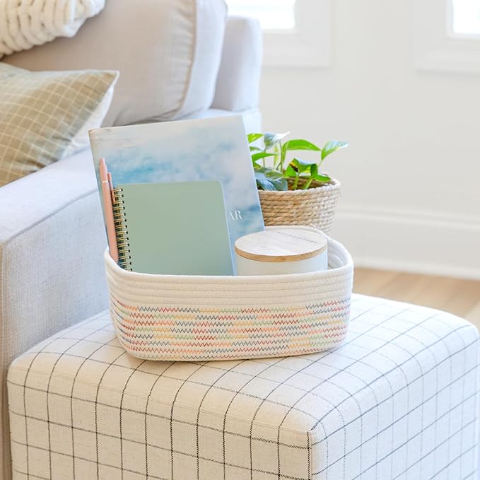 NaturalCozy 11.8"x8"x4.5” Rectangle Storage Baskets for Shelves 3 Pack | Cotton Rope Woven Small Baskets for Organizing | Small Storage Bins for Nursery, Bathroom, Closet, Shelf, Decorative, Gift