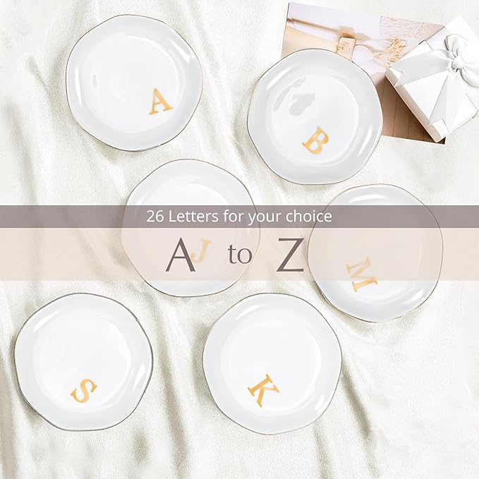 ProCase Ceramic Jewelry Tray, Initial Ring Dish Trinket Plate Engagement Gift, Small Personalized Monogram Ring Bowl for Wedding, White Decorative Jewelry Holder for Women Vanity -Letter B