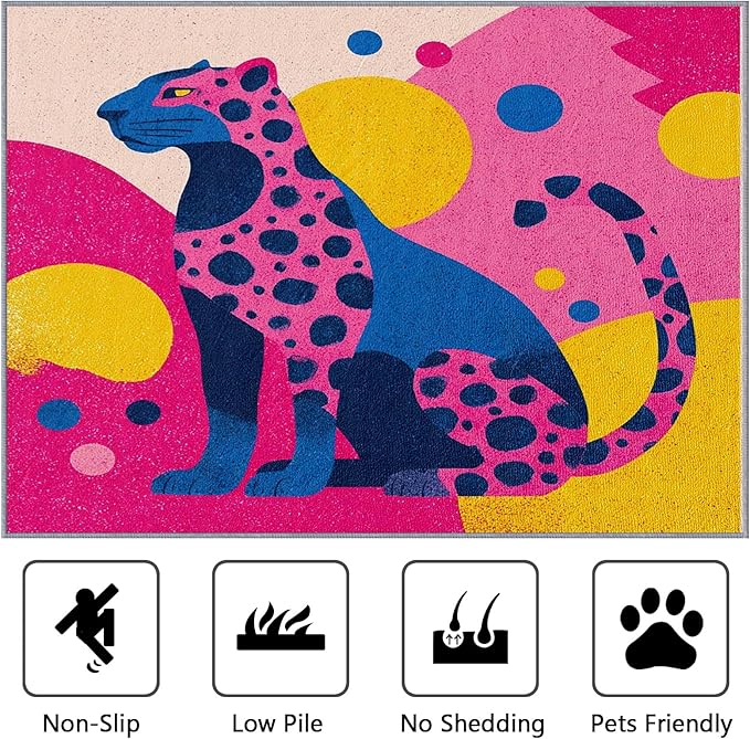 Leopard Indoor Rugs for Entryway - 2x3ft - Colorful Abstract Geometric Animal Pop Art Washable Non Slip Low Pile Small Area Rug for Bedroom, Leopard Carpet Home Decor & Gifts