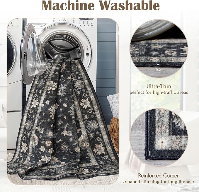 Kitchen Runner Rugs Non Skid Washable - 2.5x8ft Long Charcoal Black Boho Farmhouse Hallway Runner Rug Low Pile Vintage Moody Floral Carpet for Hallway Laundry Room Entryway Bedroom Foyer