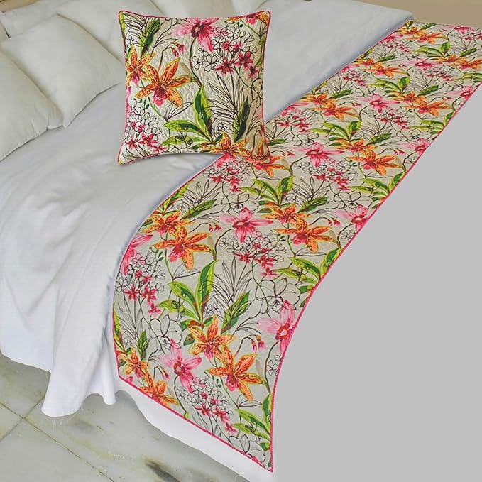 The HomeCentric King/Queen/Twin Pink Decorative Bed Runner CA King 86"x18" Bed Runner Without Pillow Cover, Quilted, Pom Pom Lace Bed Scarf on Cotton Fabric - Lily Haven
