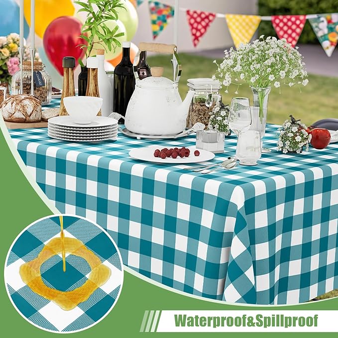 Smiry 10 Pack Turquoise Gingham Disposable Tablecloths - 54" x 108" Heavy Duty Plastic Table Cloth, Waterproof Buffalo Plaid Table Covers for Picnic, Banquets, Outdoor Parties