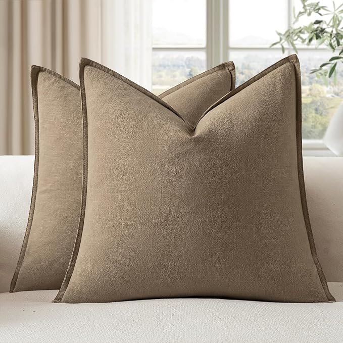 EMEMA Decorative Linen Throw Pillow Covers 24x24 Inch Curry Boho Farmhouse Neutral Couch Throw Pillows for Bed Pack of 2 Accent Pillowcase Modern Sofa Cushion Livingroom Home