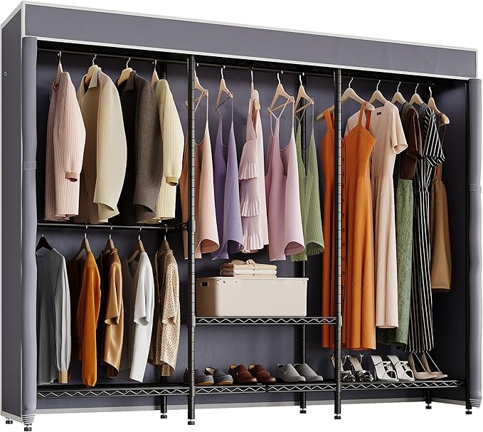 Higeego H8 Heavy Duty Clothes Rack with Cover, Covered Garment Rack with Shelves, Wardrobe Closet with Cover, Portable Closet Organizer Storage, Black Clothing Rack with Grey Cover