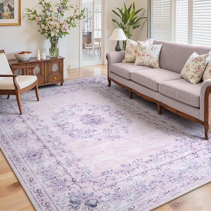 Wonnitar Floral Print 8x10 Washable Rug, Purple Bow Room Decor for Girls Bedroom, Ultra-Thin Non Slip Soft 8 x 10 Large Boho Carpet for Living Room Baby Nursery Kids Playroom