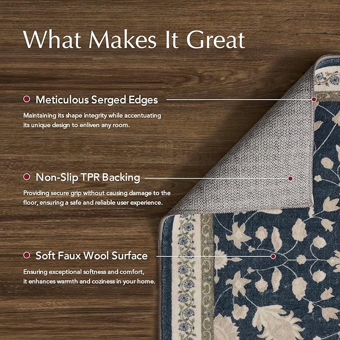 EVERGRACE Area Rugs for Entryway 2x3, Boho Floral Faux Wool Indoor Outdoor Small Rugs, Washable Rugs for Bedroom Bathroom Laundry Doormat, Low Pile Floor Mat Carpet for Home Decor, Navy Blue