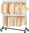 Hoctieon Double Rod Clothes Racks with Z-Base, Adjustable Clothing Rack, Standing Clothes Rack, Metal Clothing Racks for Hanging Clothes, Rolling Garment Rack, Chrome