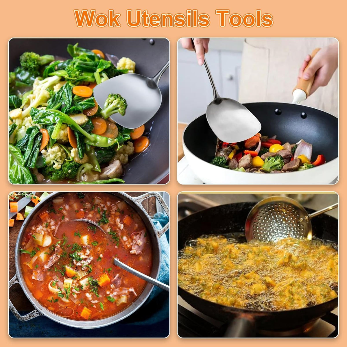 FJNATINH Stainless Steel Kitchen Utensils, Set of 6 Cooking Tools with Wooden Handle, Wok Spatula, Soup Ladle, Skimmer Spoon, Slotted Spatula Turner, Spaghetti Server, Solid Spoon