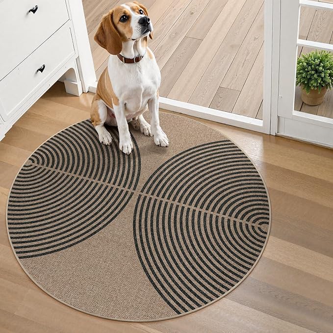 Lahome Modern Rainbow Round Rug, 3ft Small Washable Circle Carpet Natural Indoor Outdoor Patio Front Porch Rug, Farmhouse Non Slip Non Shedding Contemporary Round Mat for Entryway