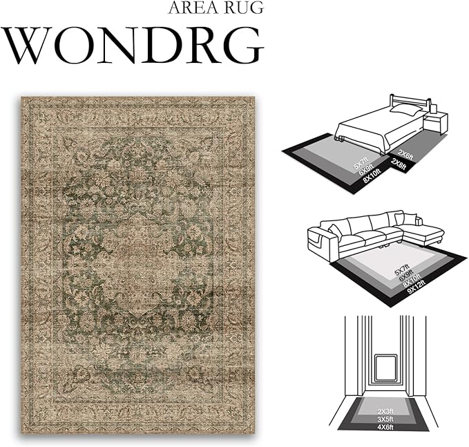 6x9 Washable Vintage Area Rug Green Brown Living Room Bedroom Carpet Non-Slip Soft Low Pile Distressed Indoor Throw Rug for Dining Room Entryway Office