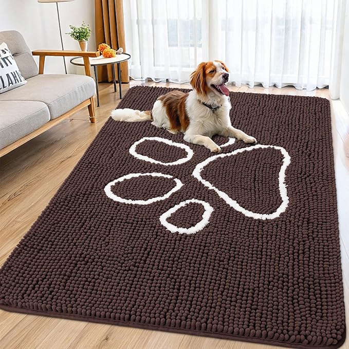 Smiry Dog Door Mat for Muddy Paws, Absorbent Dirt Trapper Non Slip Quick Dry Washable Chenille Mat for Mud Dogs, Entry Rug for Indoor and Outdoor (71x46 Inches, Brown and White)