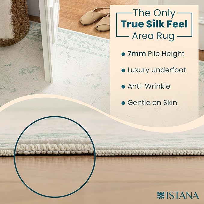 Istana Hallway Runner Rug 2x6 - Green Kitchen Rugs Non Slip Washable -Silk's Soft Touch Carpet Runner - Stylish Rug for Home