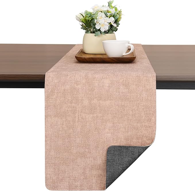 Table Runners 55 Inches Long, Dual-Sided Faux Leather Farmhouse Table Runner Waterproof Heatproof Non-Slip for Living Room Party Home Decor Holiday Decorations(Gray Pink, 15 x 55 Inch)