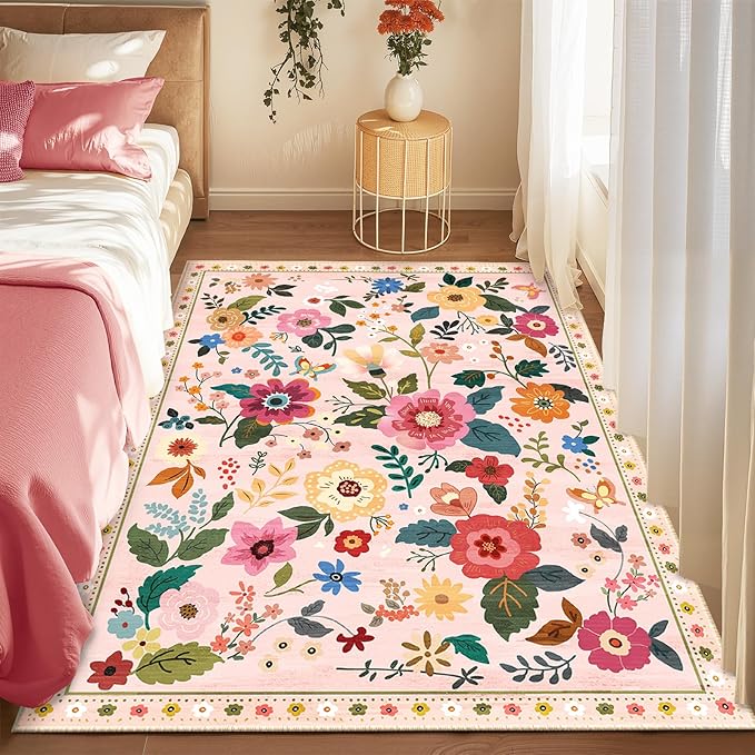 Floral 3x5 Area Rug Machine Washable Soft Print Boho Carpet Non Slip Doormat Low Pile Flower Area Rugs for Living Room Bedroom Nursery Kitchen Dining Room Indoor-Pink