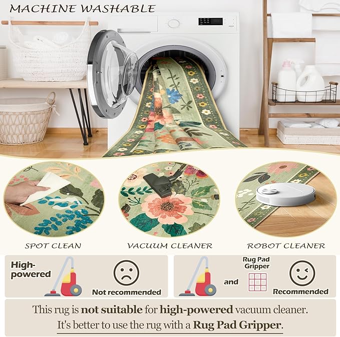 Floral 2x6 Area Rug Machine Washable Soft Print Boho Carpet Non Slip Doormat Low Pile Flower Area Rugs for Living Room Bedroom Nursery Kitchen Dining Room Indoor-Light Green