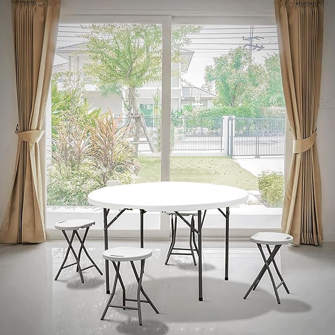 MoNiBloom 4Ft Round Folding Table, Indoor Outdoor Plastic Dining Card Table with Handle and Lock for Picnic Party Banquet Wedding, White